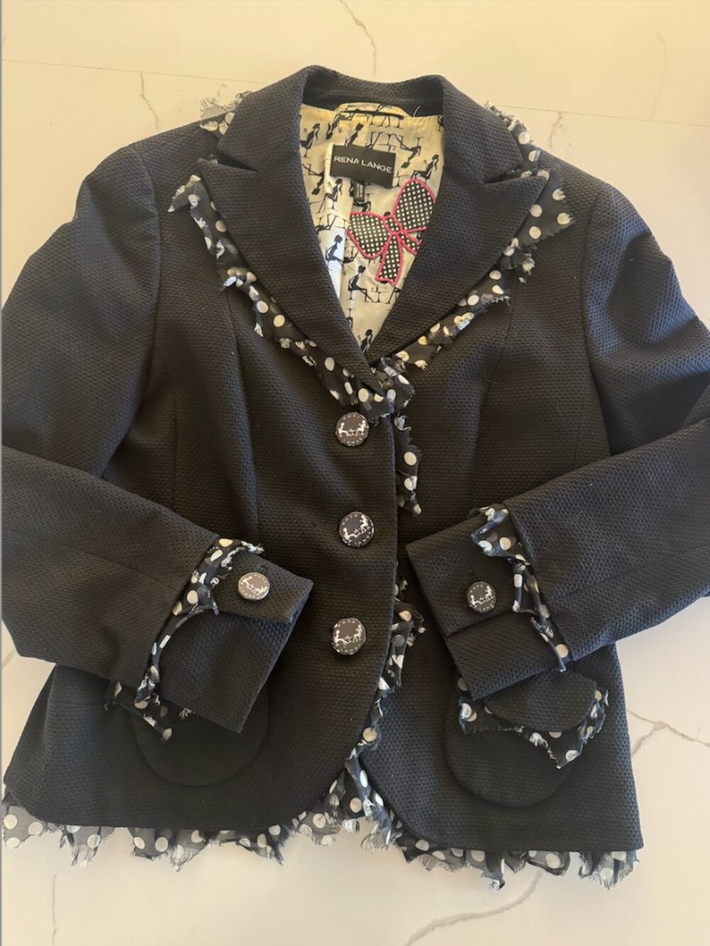 Rena Lange Blazer Black/Polka Dot Raw Trim Size 10